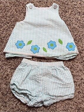 Florence Eiseman Girls Seersucker Flower Appliqué Swing Shorts Set size 24 month